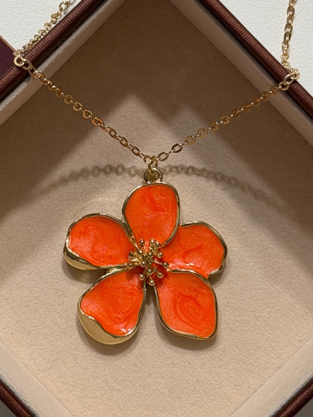 Golden Orange Flower Enamel Statement Pendant Necklace.